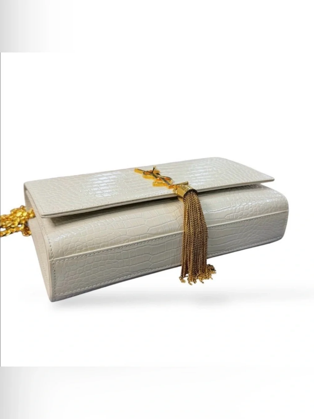 Saint Laurent Kate Tassel Medium Croc Embossed Leather Chain Shoulder Bag Cream
